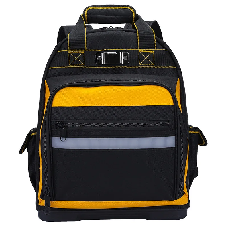 Construction Tool Backpack Made of Thick Oxford Cloth with Sturdy Base Reflective Elements and Structured Compartments for Tools
