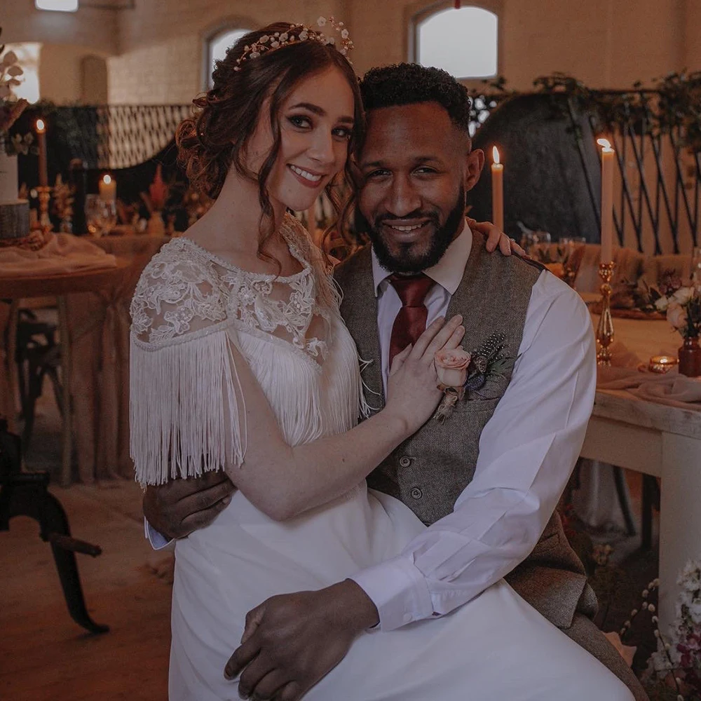 Round Neck Beading Lace Customized Bridal Gowns Tassels Fringed A Line Soft Ivory Chiffon Large Size Wedding Dress With Train