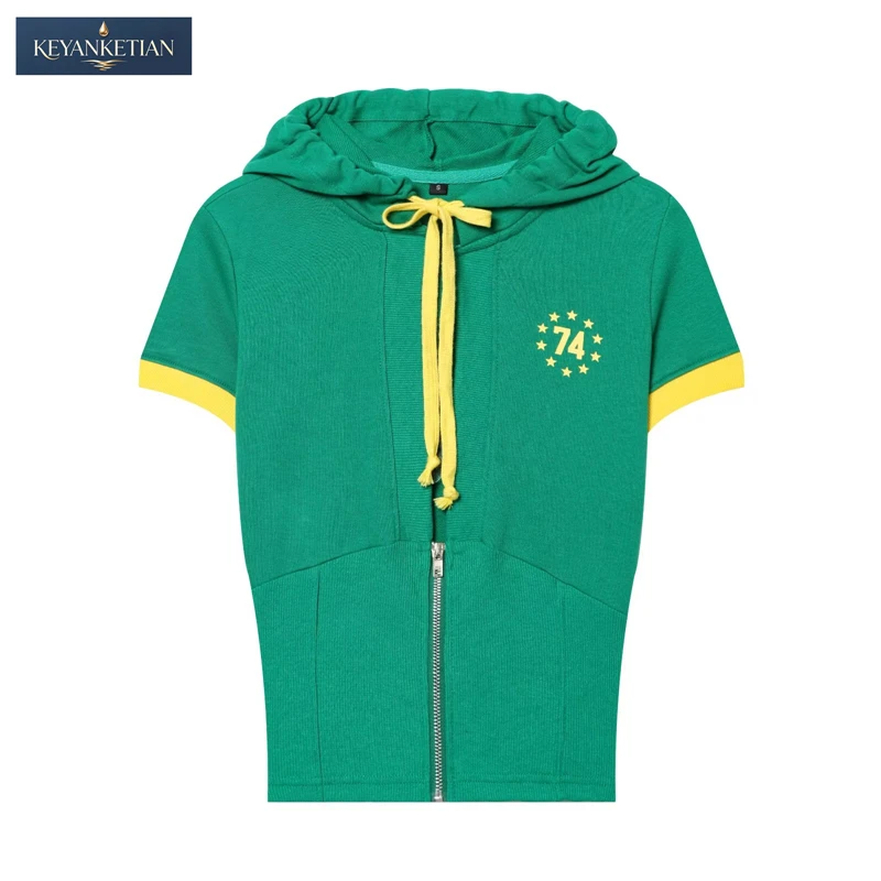 

KEYANKETIAN 2026 Summer Cropped Zip Hoodie Slim Short Sleeve, Adjustable Drawstring & Dual Sides Number Letter Print Sweat Top