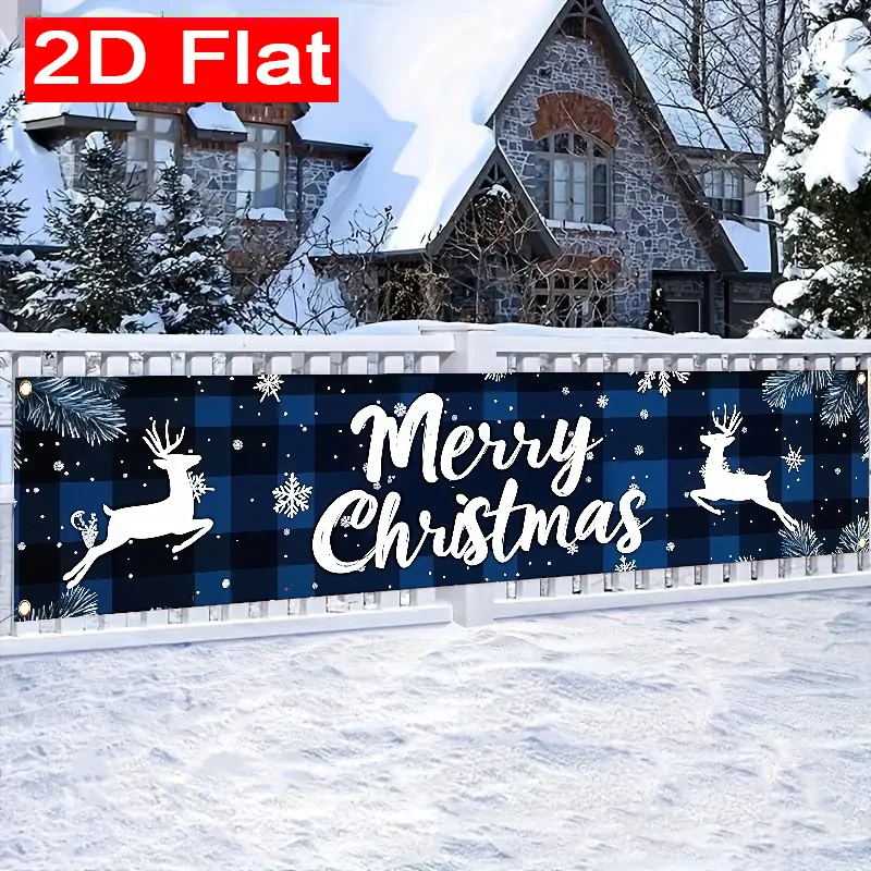 1pc 2D Flat Merry Christmas Banner, Blue Water Buffalo & Checkered Reindeer Pattern Polyester Flag, Outdoor Decor for Fence,Lawn