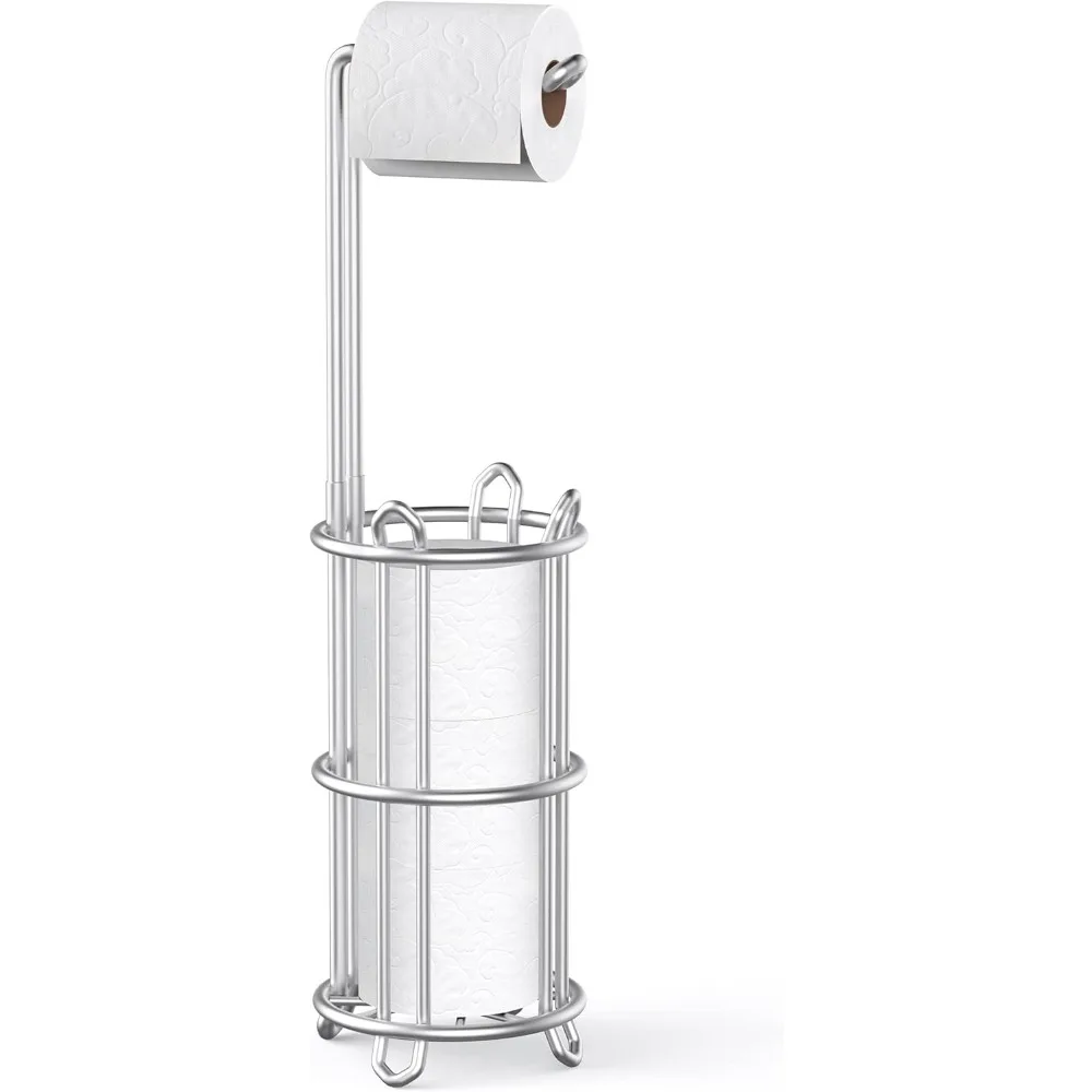 

Toilet Paper Holder Stand and Tissue Paper Roll Dispenser for 4 Mega Rolls, Bathroom Free Standing Tissue Roll Storage Holder Rack, Metal Wire Silver