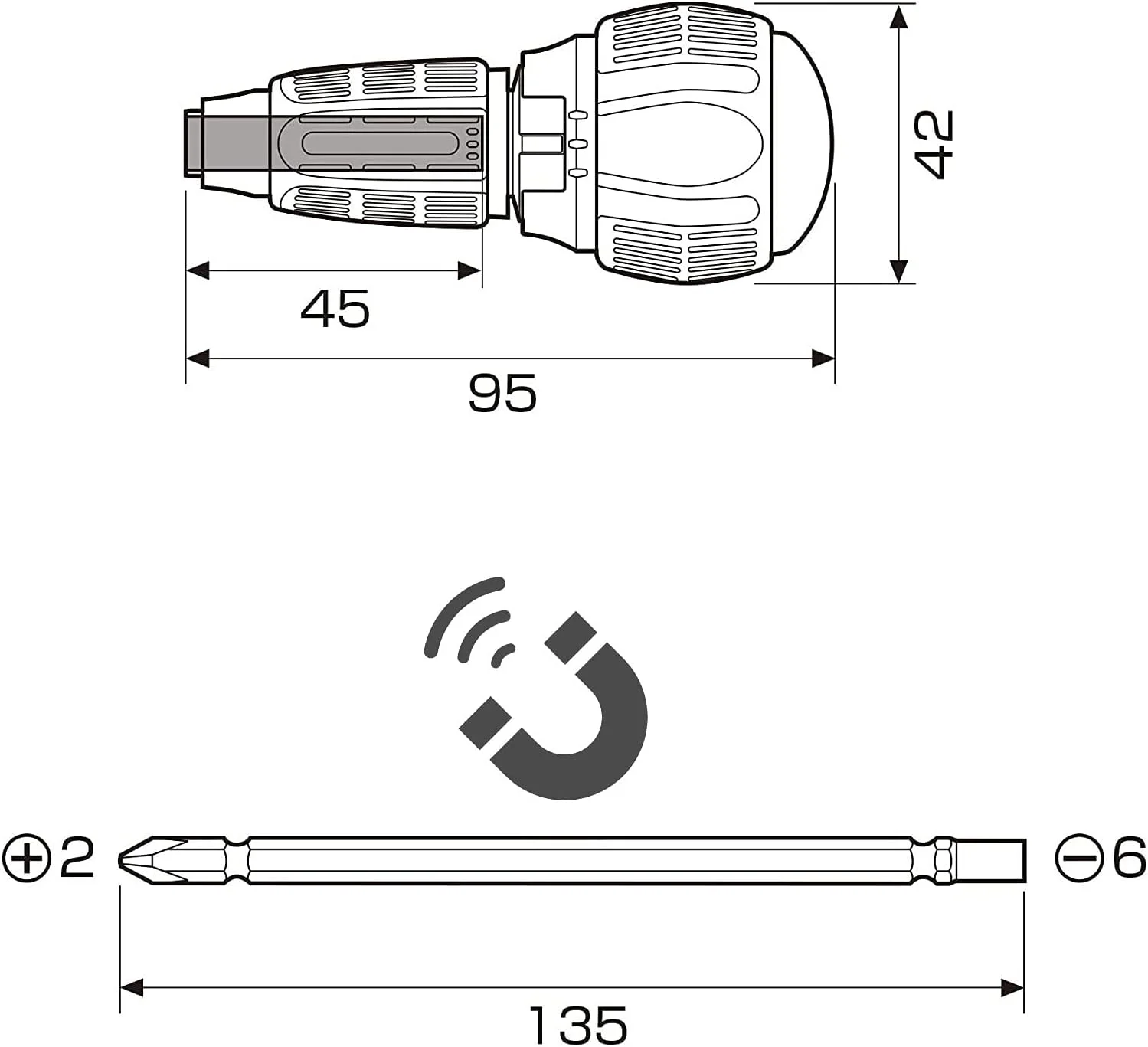 Japan ANEX 397-D Quick Ball Grip Ratcheting Screwdriver 72 Gear for Phillips+2 and Flat Head-6 Heavy Duty Magnetic Bit