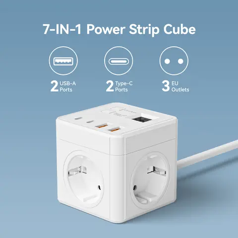 1 7-in-1 EU power strip, power strip surge protector, 1.5m extension cord,3 AC outlets 3 USB 1 Type-C, timed off desktop chargin
