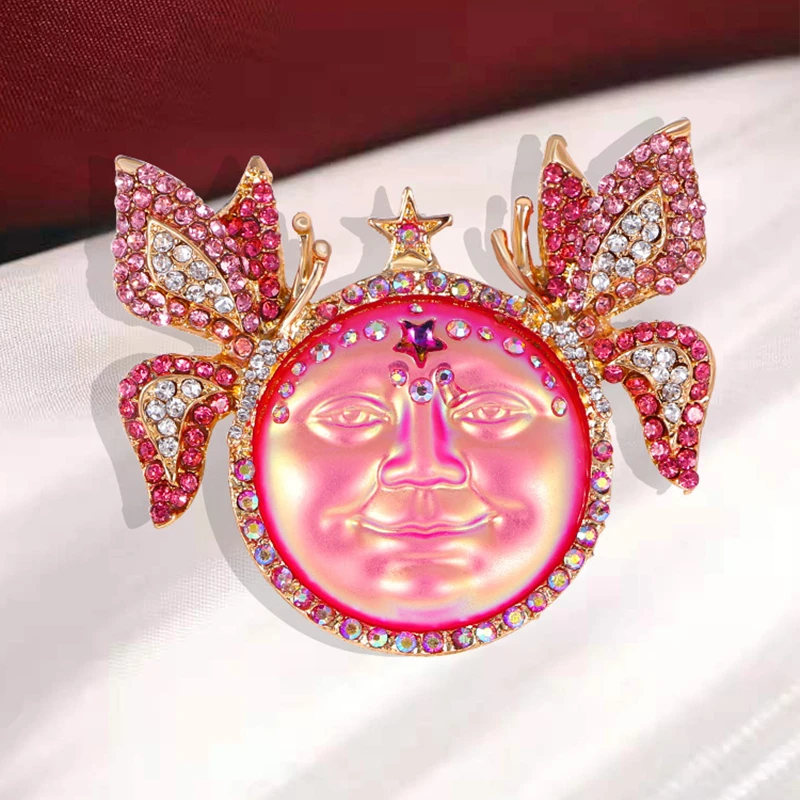 Classic Vintage Dazzle Sun Crystal Heavy Industry Pink Brooches Badges For Women Men Retro Middle Design Shining Pins Buckles