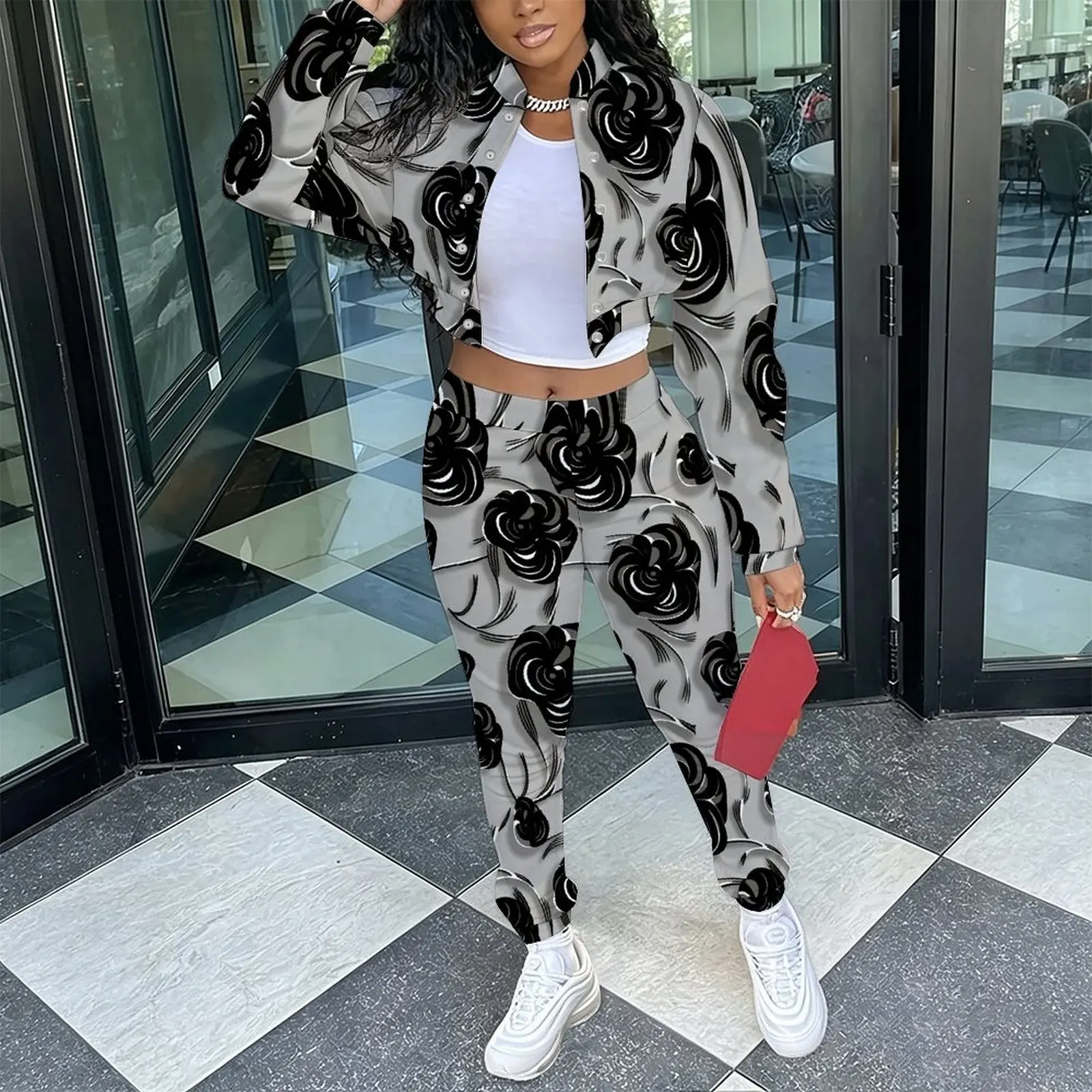 Female Fashion Two‑Piece Set Retro Long Sleeve Stand Collar Jacket  Slim Fit Long Pants Ladies Everyday Commuting Elegant Outfit