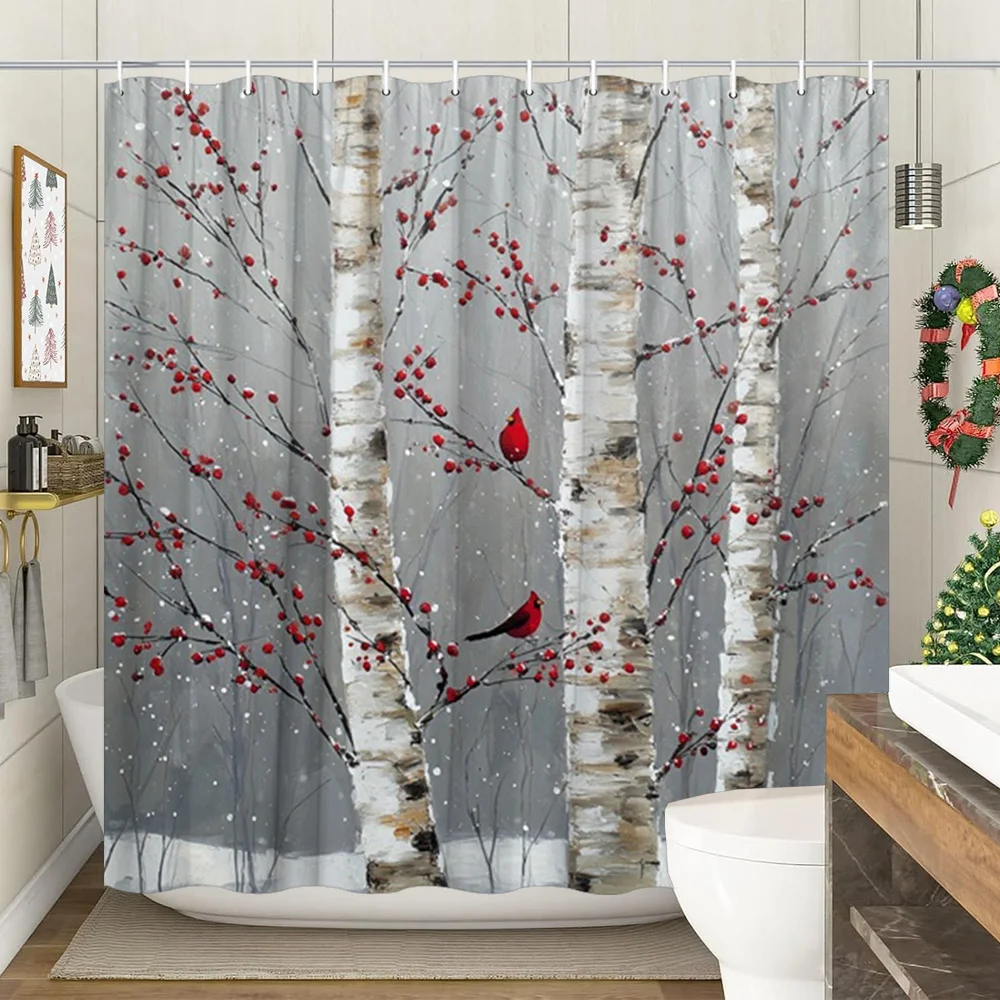 Christmas Winter Shower Curtain Birch Tree Berries Snowy Floral Bathroom Decor Waterproof Shower Curtain Liner Housewarming Gift