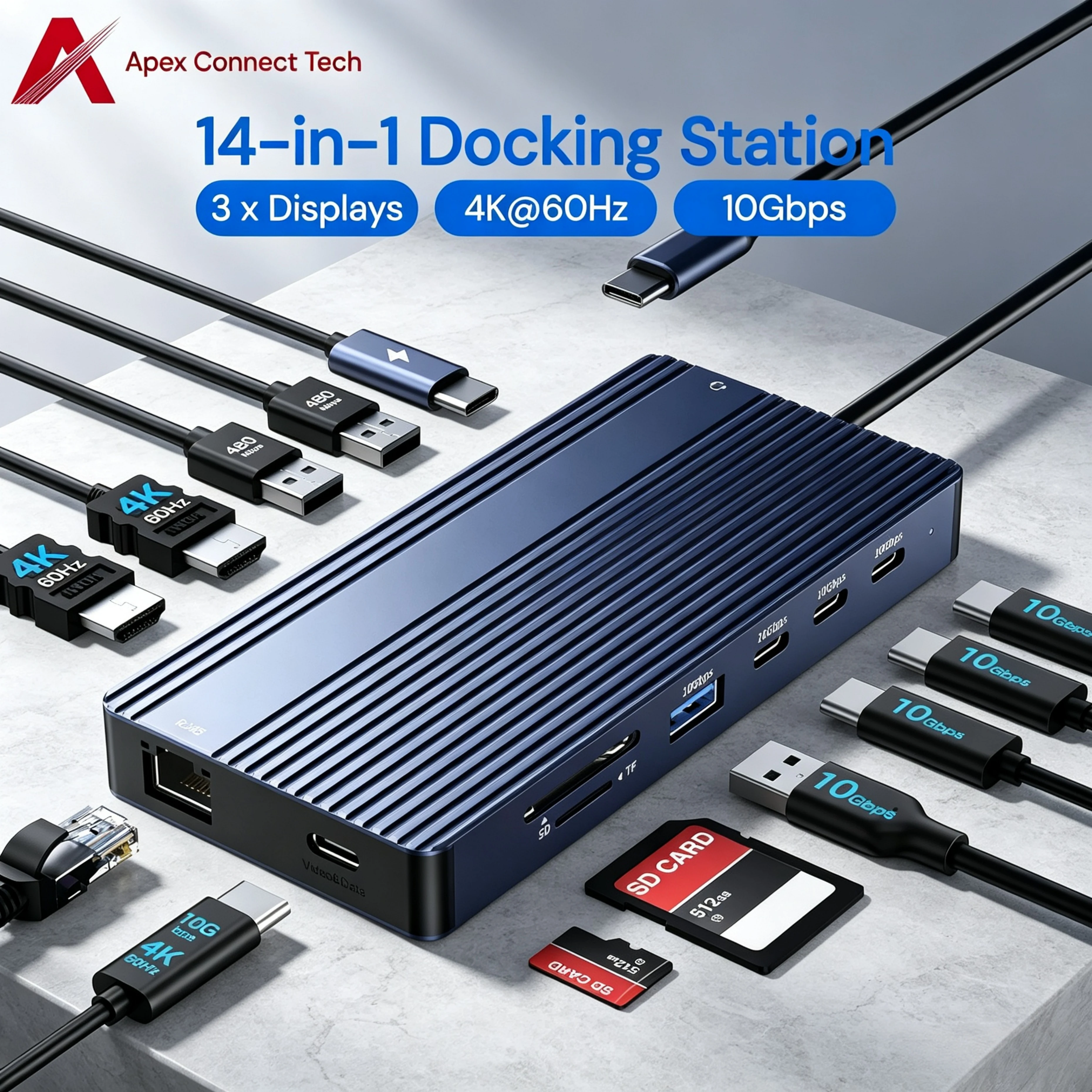 USB C Docking Station Dual HDMI DP Alt Mode 4K 60Hz LAN Triple Display Video Output 10Gbps 100W PD Audio Card Reader for Laptop