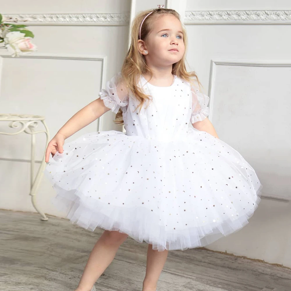 Fashion O-neck Knee Length Flower Girl Dress Sparkly A-line Wedding Party Dress Birthday robe de fête de mariage First Communion