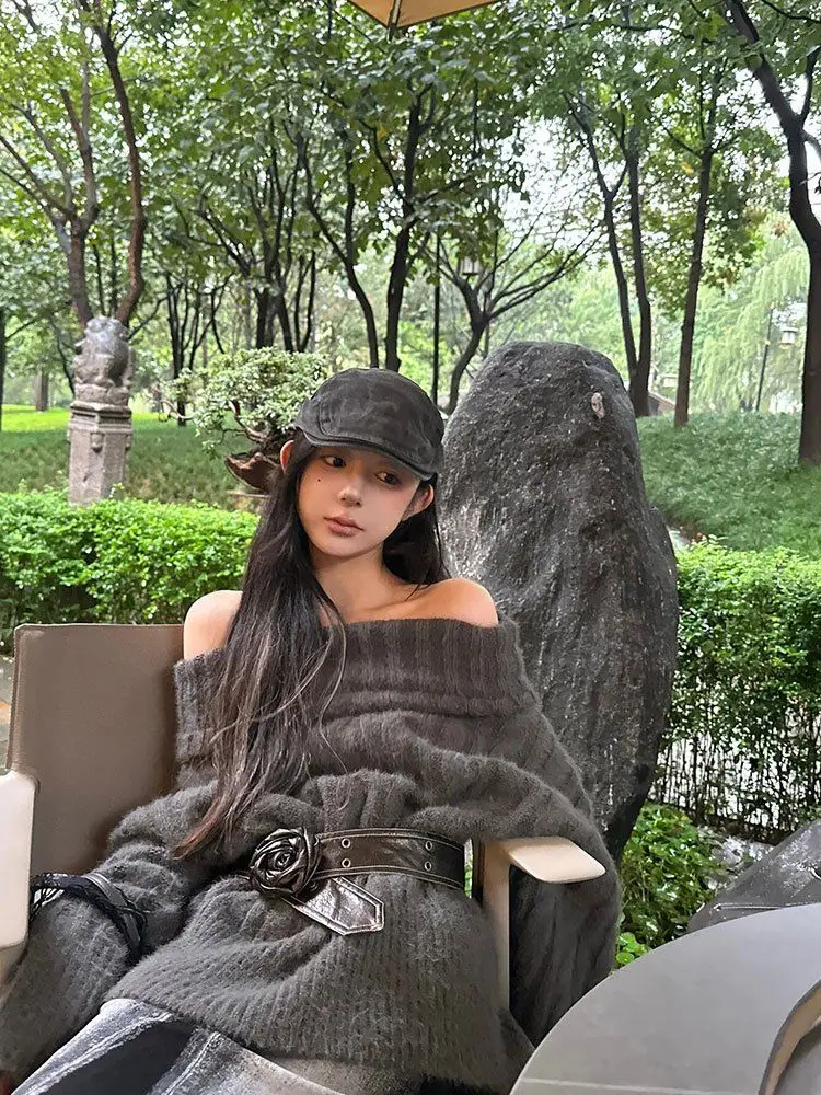 

Korejpaa Elegant Sweaters Women Korean Style Slash Neck Off Shoulder Pull Femme 2025 Autumn Winter Slimming Pullover Top