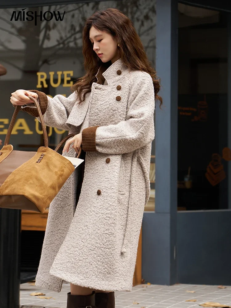 MISHOW Winter Women\'s Imitation Lamb Wool Coat 2023 Fashion Loose Double Breasted Stand Collar Thick Warm Long Coats MXC55W0143