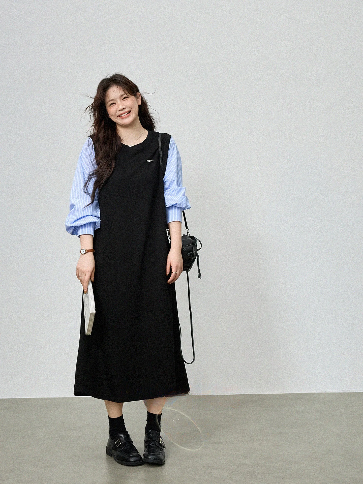 Monika plus Size Korean Style Striped Long Sleeve Dress Loose Belly Covering Slimming Long Dress Fashionable Casual Wear
