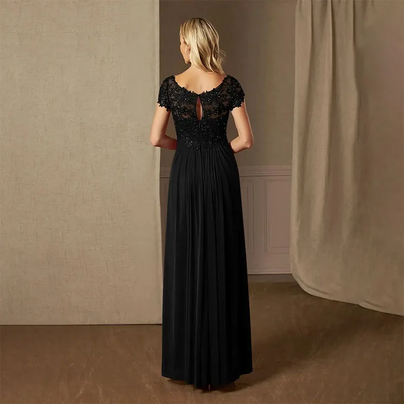 فستان أم العروس أنيق مخصص مزين بالترتر وأكمام قصيرة أسود ثوب مسائي رسمي برقبة على شكل V وحفلات الزفاف والعريس 2025