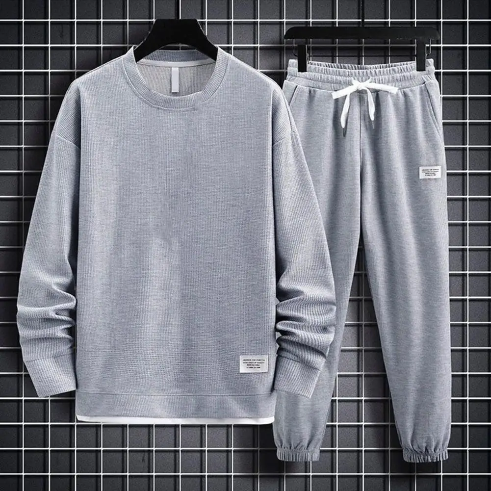 Sportswear Set Men's Athleisure Sweatpants Pullover Set with Waffle Texture Elastic Drawstring Waist Pockets for Active