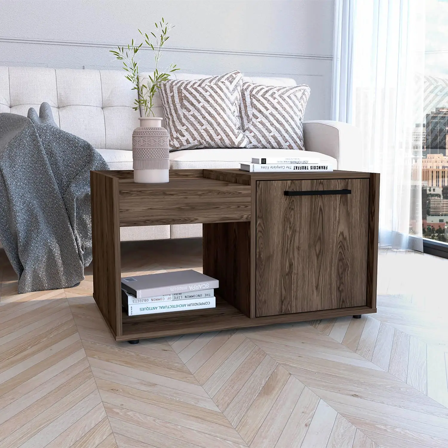 

Lyon Coffee Table, Single Door Cabinet, One Open Shelf Dark Walnut