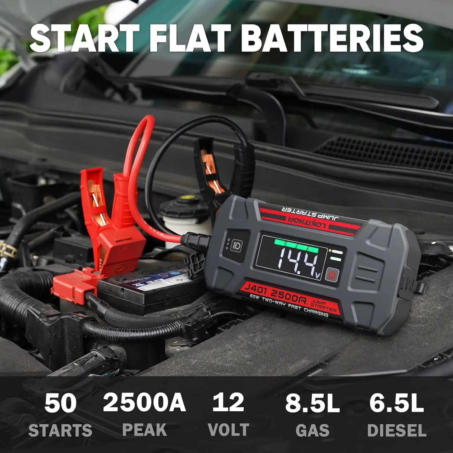 J401 2500A بطارية السيارة المحمولة Jump Starter، 12V، 60W شحن سريع، شاشة LED، للغاز 8.5L والديزل 6.5L #2