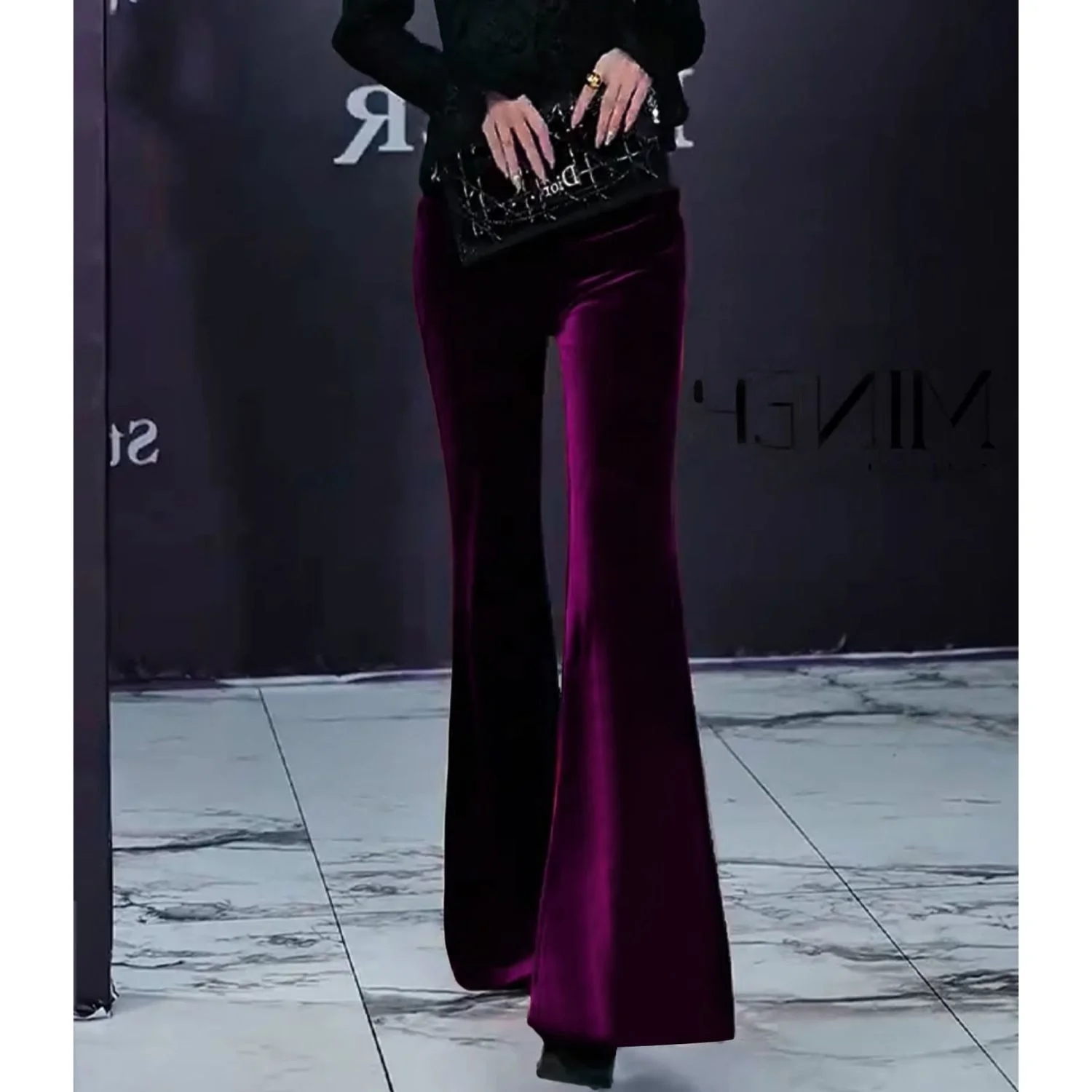 Purple Velvet Bell Bottom Pants Women's High Waist Slim Fit Casual Trousers Fashionable Drapey Micro Flared Long Pants