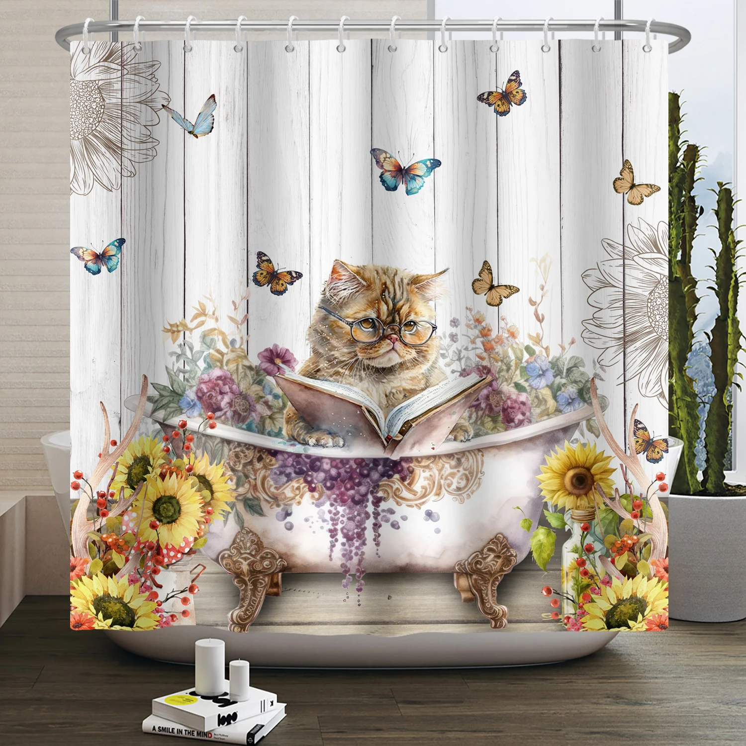 Cute Cat Shower Curtains for Bathroom Boho Flower Tropical Plant Floral Botanical Funny Kitty Animal Waterproof Bath Curtain