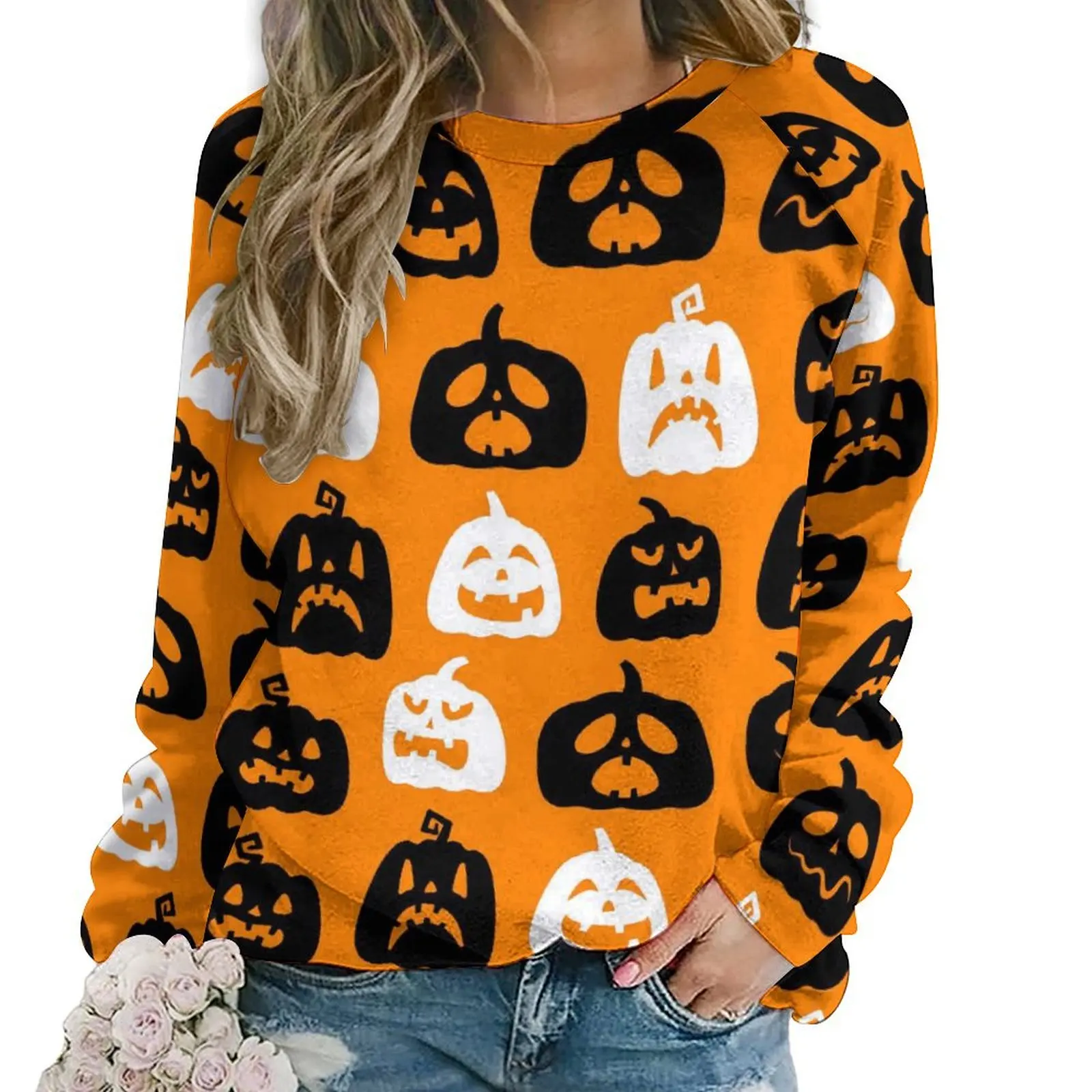 

Happy Haunts Casual Hoodies Autumn Black White Halloween Pumpkins Elegant Hoodie Long Sleeve Oversize Hip Hop Sweatshirts