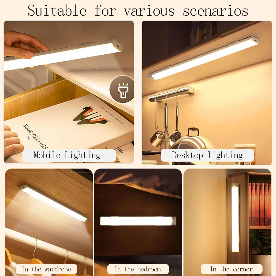 LED Motion Sensor Light Wireless LED Night Light TypeC USB  Rechargeable Cabinet Light  Wardrobe Lamp For Kitchen/Desk