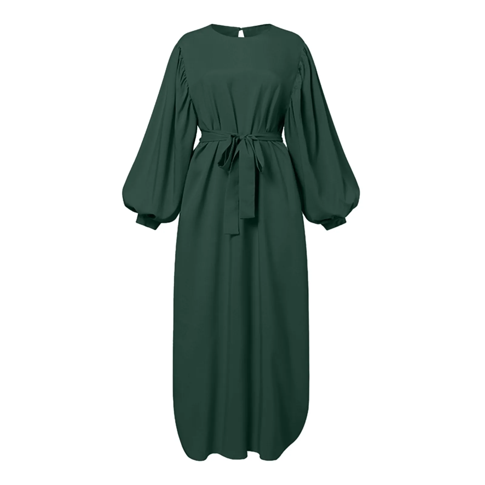 Clean Color Casual Muslim Robes Solid Color Elegant Prayer Clothes Women\'s Muslim Round Neck Long Sleeve Lace Up Dresses