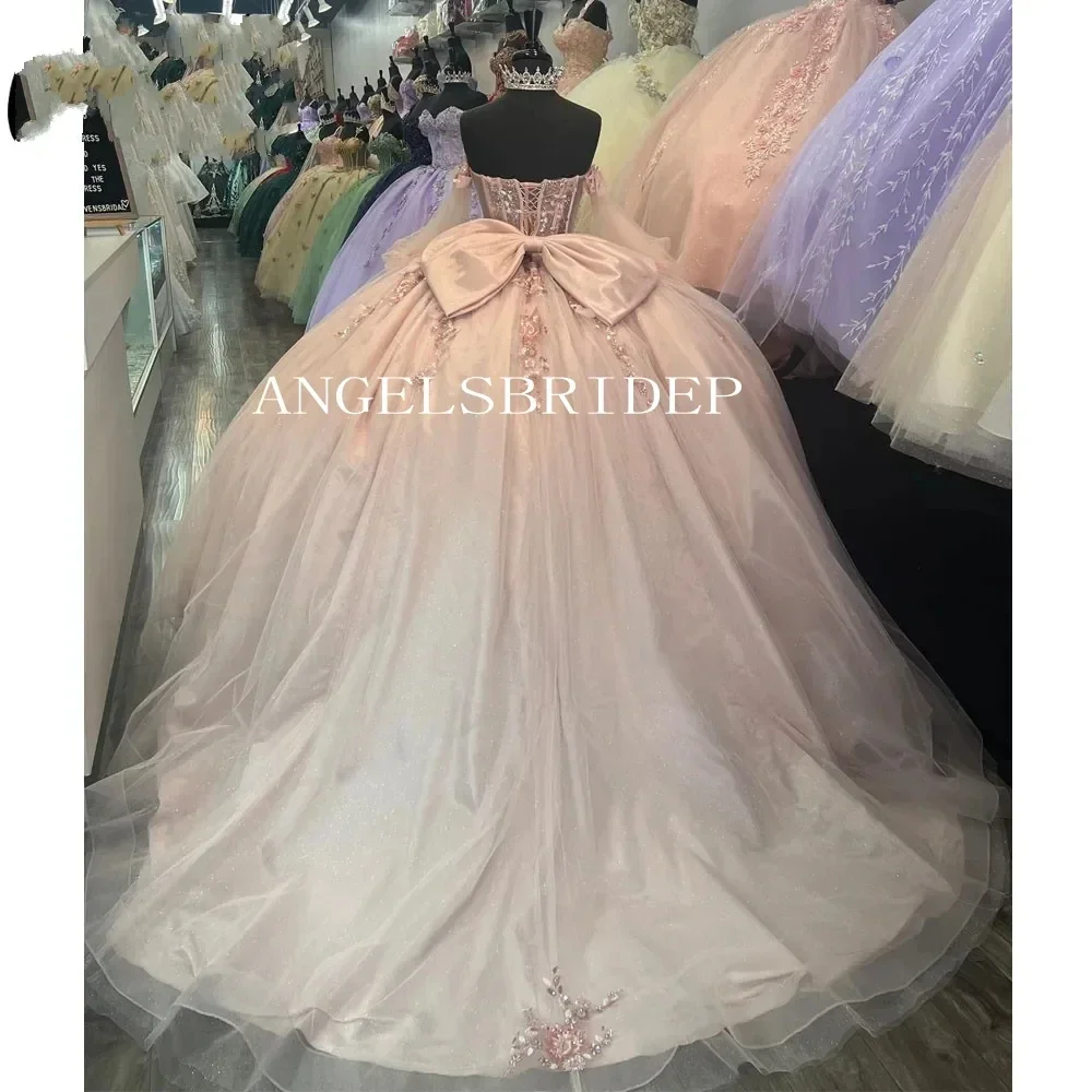 Gaun ilusi merah muda Quinceanera yang indah Vestido De 15 Anos lengan panjang Applique pita belakang pesta Formal putri ulang tahun Gow