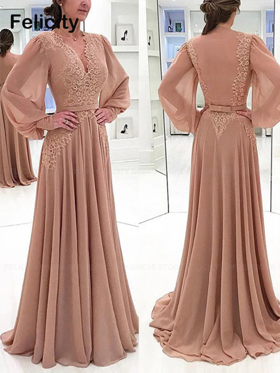 

Elegant Mother of the Bride Dress 2023 A-Line V-Neck Formal Wedding Guest Dresses Lace Appliques Sweep Train فستان حفلات الزفاف