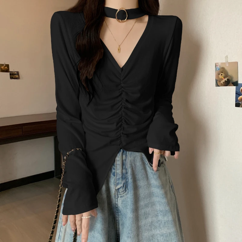 Women T-shirt Design V-neck Sweet Versatile Slim Pleated Tops Thin Long-sleeved Sweet Solid Color Blouse Female