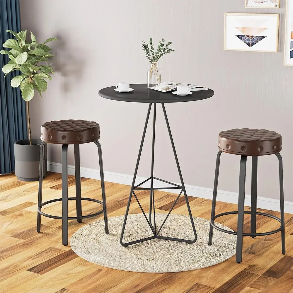 Set di 2, 24 sgabelli da bar alti impilabili in pelle PU, sedie imbottite rotonde senza schienale per cucina, sala da pranzo e caffè, marrone