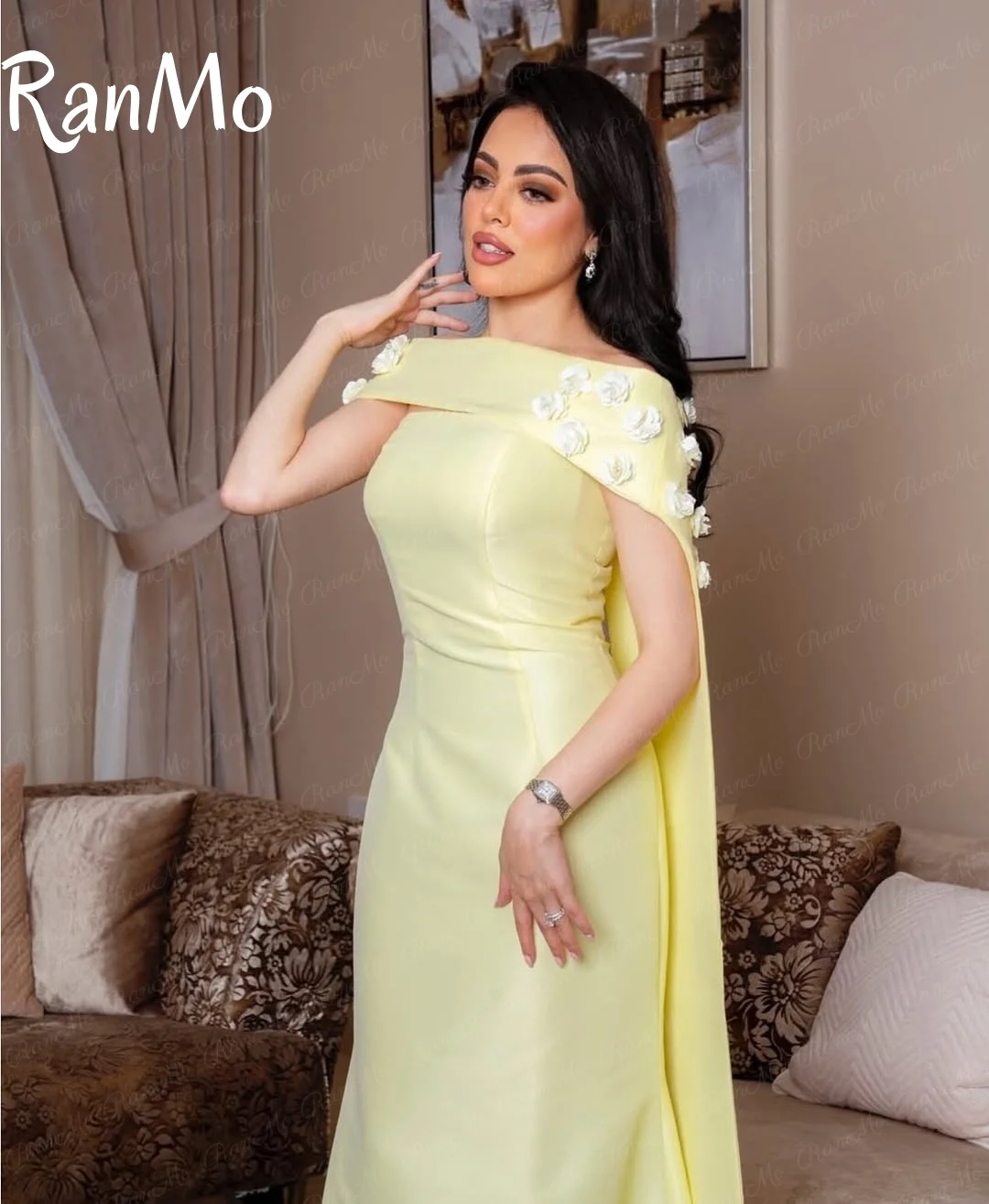 Ranmo 2025 غمد طويل لحفلات الزفاف فساتين لحضور الحفلات الموسيقية زهور مخصصة أصفر بدون حمالات فساتين سهرة شالات المملكة العربية السعودية مخصصة