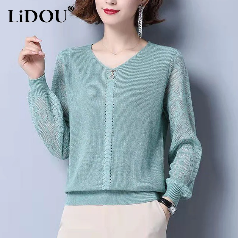 

Spring Autumn New Solid Color V-neck Long Sleeve T-Shirts Women Fashion Elegant Hollow Embroidered Flares All-match Pullovers