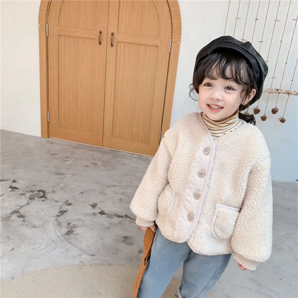 Korean winter clothes boys girls lamb wool coat thick cotton kids jacket toddler plush cardigan children outwear 2 to 10 years