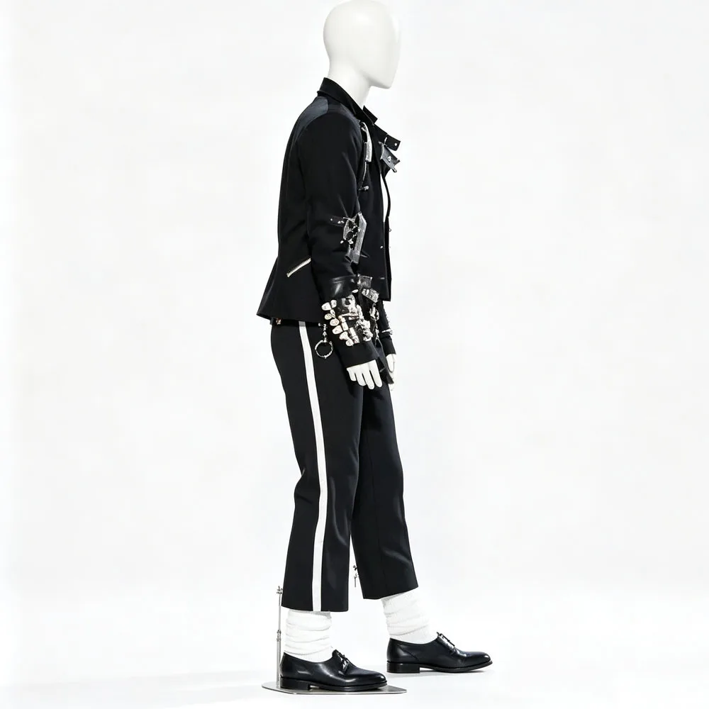 Men Punk Stage Costume Set Black Strap Decor Jacket Striped Pants Waist Belt Halloween Carnival Cosplay Suit for Performance view 3