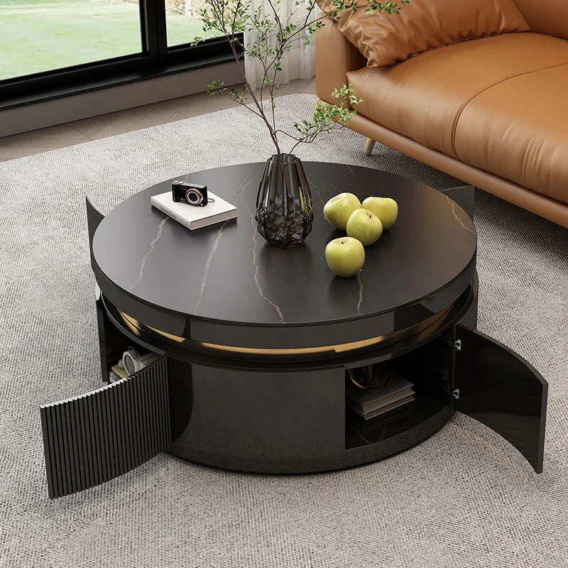 

Solid wood coffee table light luxury modern round rock slab simple