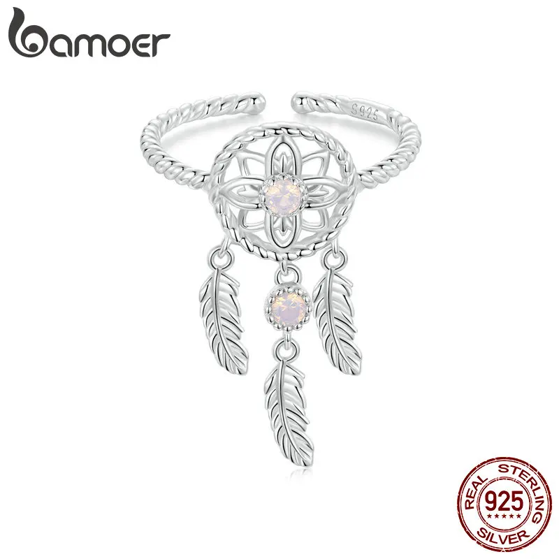 Bamoer 925 Sterling Silver Fishtail Dreamcatcher Open Ring Adjustable Finger Ring Fine Wedding Jewelry Birthday Party Gift