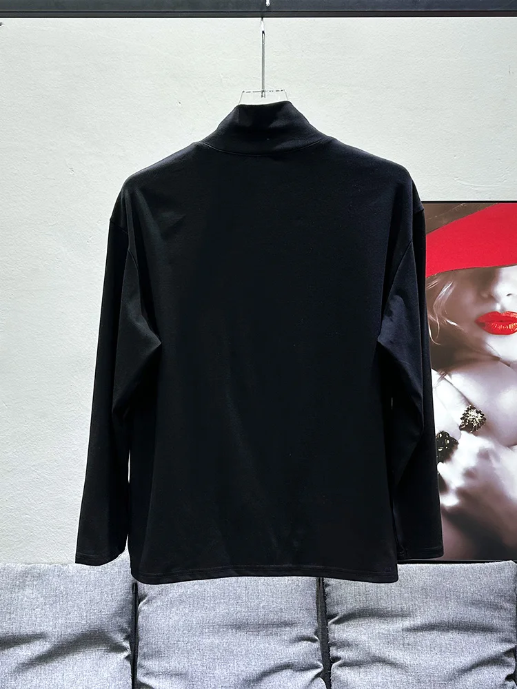 Fashion Half Turtleneck Bottomming Shirts Metal Decoration Inner Wear Blouse Long Sleeve Men's New Trendy Handsome Tops