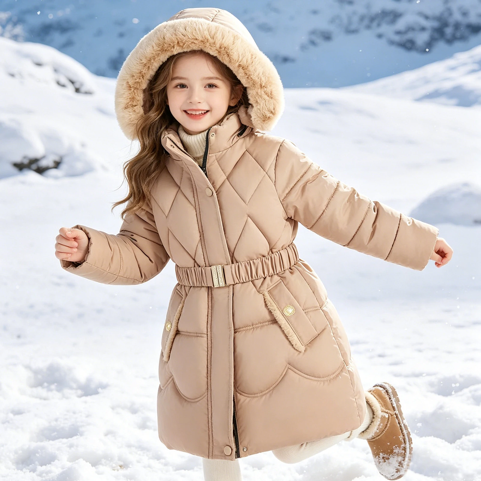 Girls' Quilted Coat,Furry Hood Outwear,Warm Girl's Cotton-Padded Jacket,Kids Puffer Coat,Windproof Winter Children's Down Jacket
