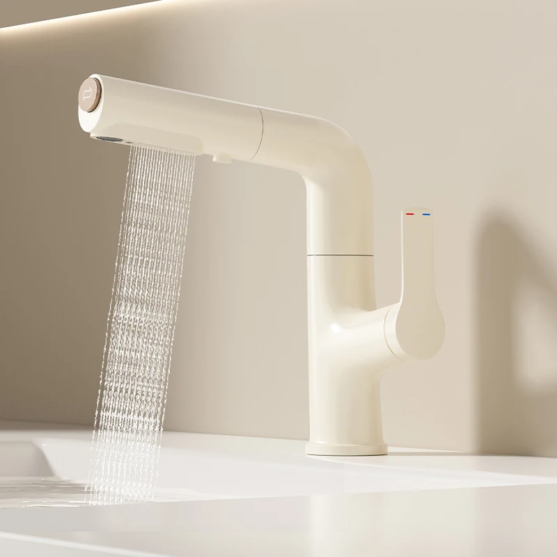 Milk White Pull Out Bathroom Sink Faucet 3 Water Modes 8cm Height Adjustable Bathroom Faucet 4 Colors Optional Art Design