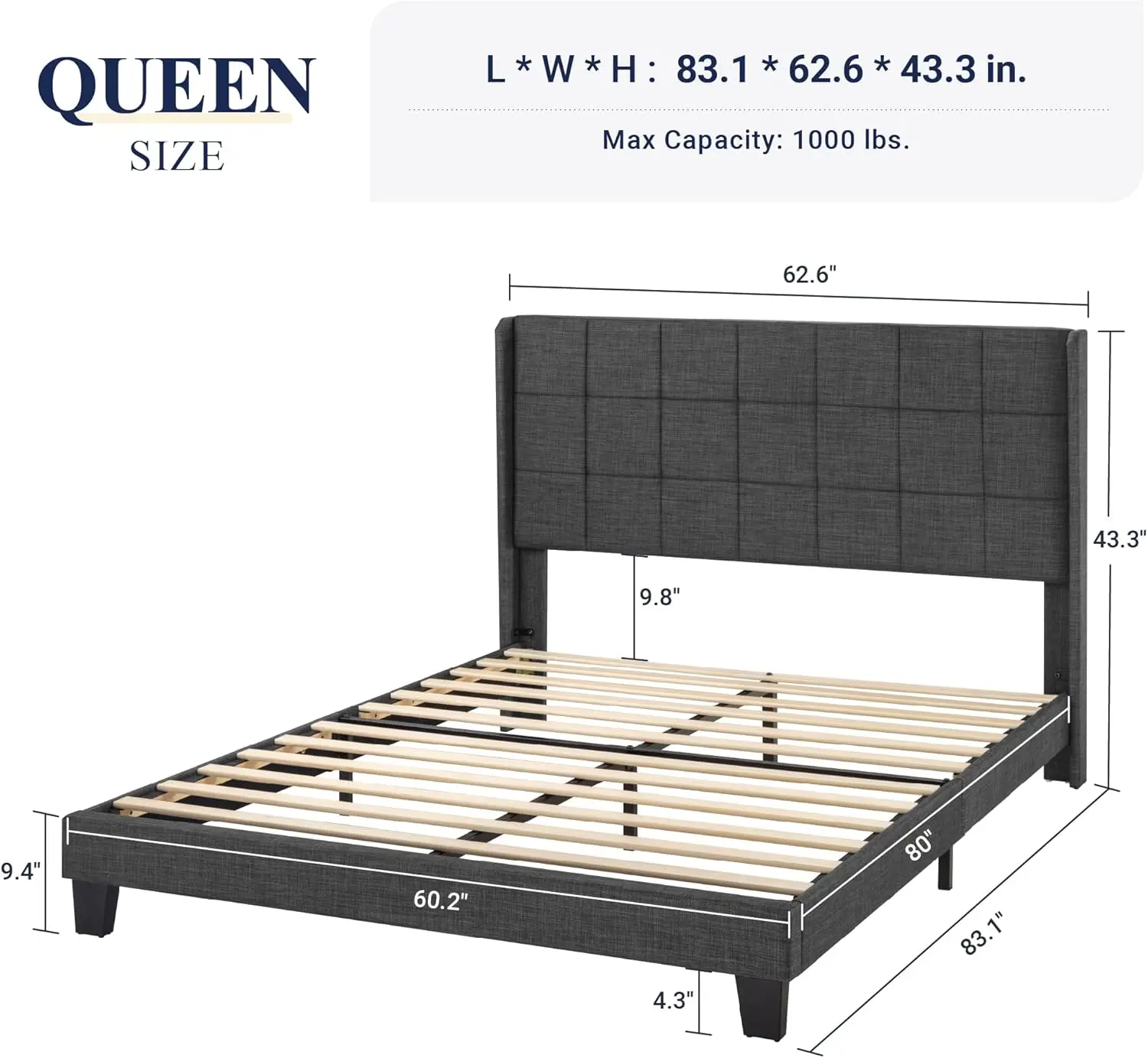 Queen Size Platform Bed Frame with , Fabric Upholstered Square Stitched Headboard and Wooden Slats, Mattress