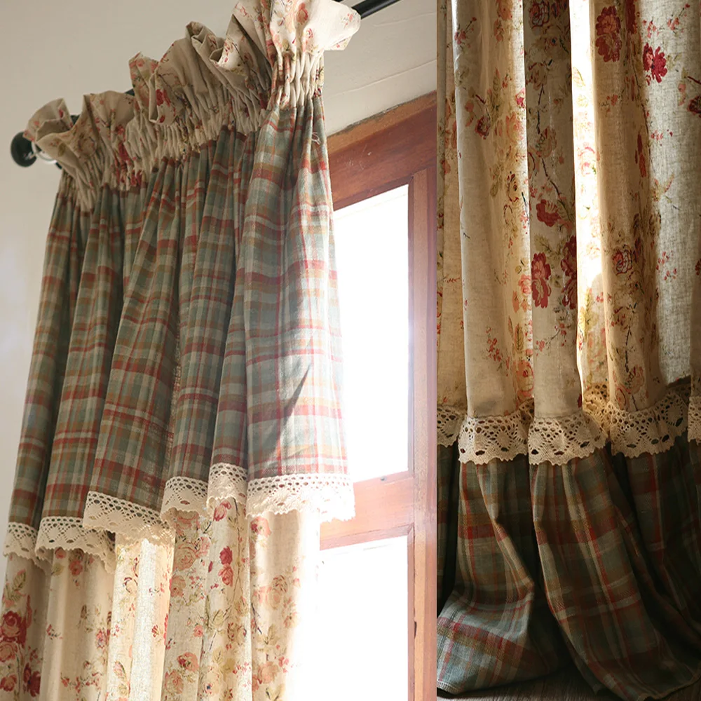 High-end Rose Blackout Curtains with Valance,Natural Linen Curtain,Cotton Hemp Cortinas with Floral Ruffles,Rustic Window Drapes