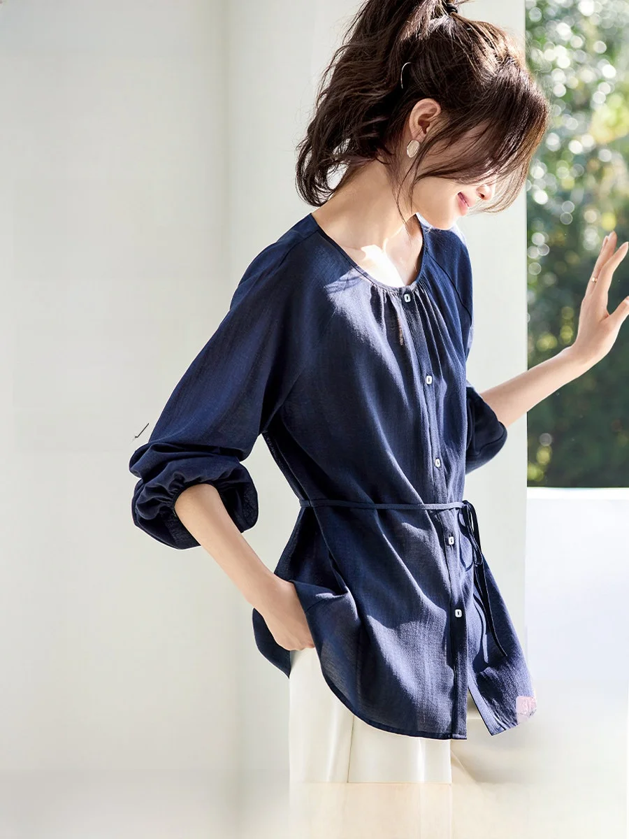 

Женская свободная прозрачная блузка с длинным рукавом, новинка весенней коллекции, с драпировкой на талии, от Mofei Meiu