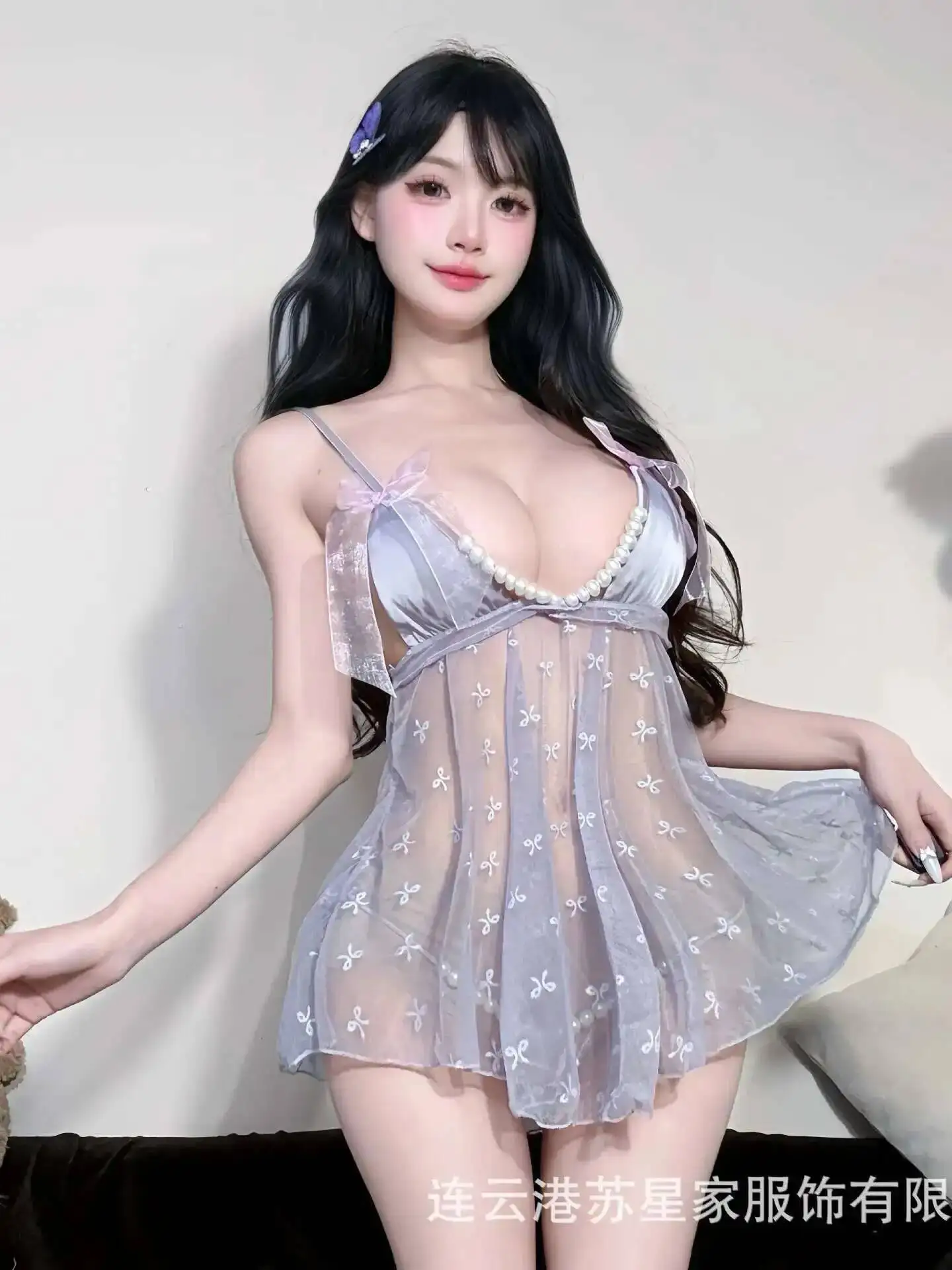 New Sexy Camisole Sleepwear Women's Lace Bow Black Lace Pure Desire Pearl Sheer Dress Elegant Fashion Women Mesh Lace HDG8