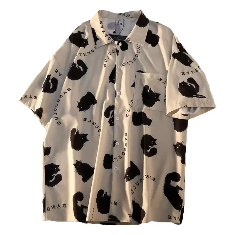 Summer High Quality Women Hawaiian Shirt Animal Black Cat Printed Short Lapel Sleeve Big Size Hawaii Women Beach Floral Shirts