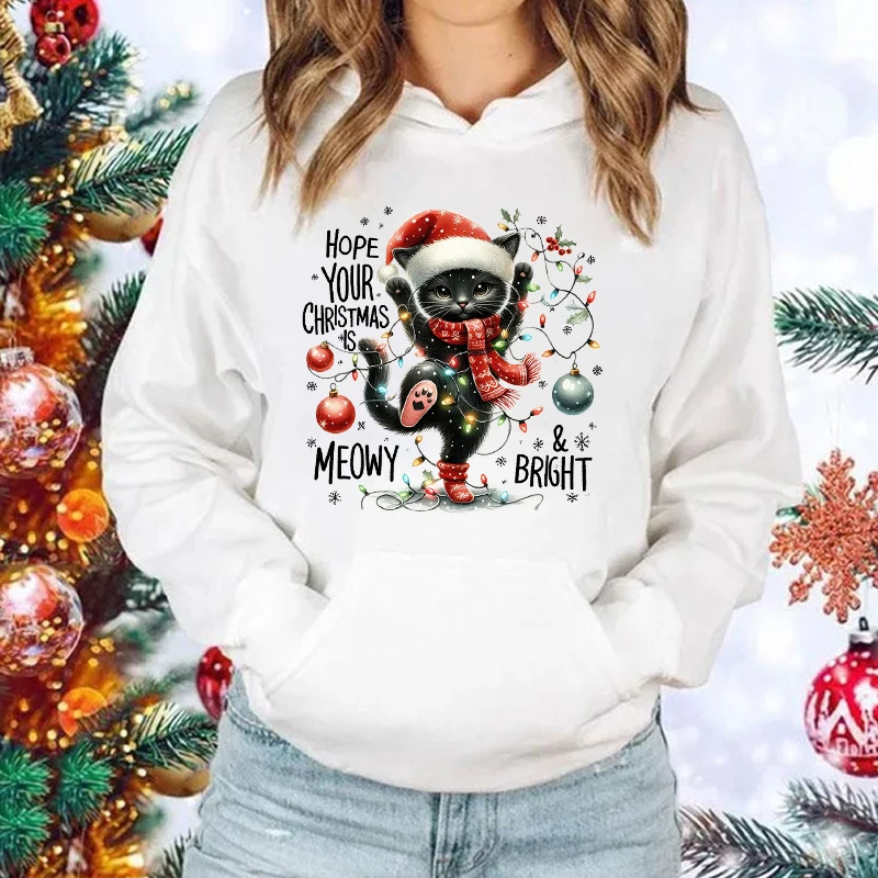 New Christmas Cat Hope Your Christmas Is Meowy Bright Print Hoodie Women Men Casual Tops Autumn And Winter Sweatshirts Pullover