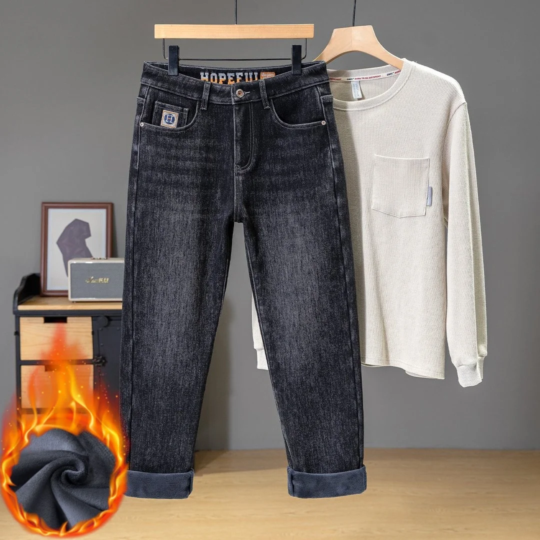 الشتاء الرجال مستقيم الصوف الدافئة الجينز تمتد مريحة فضفاضة عارضة الدنيم السراويل المخملية سميكة ضئيلة السراويل #2