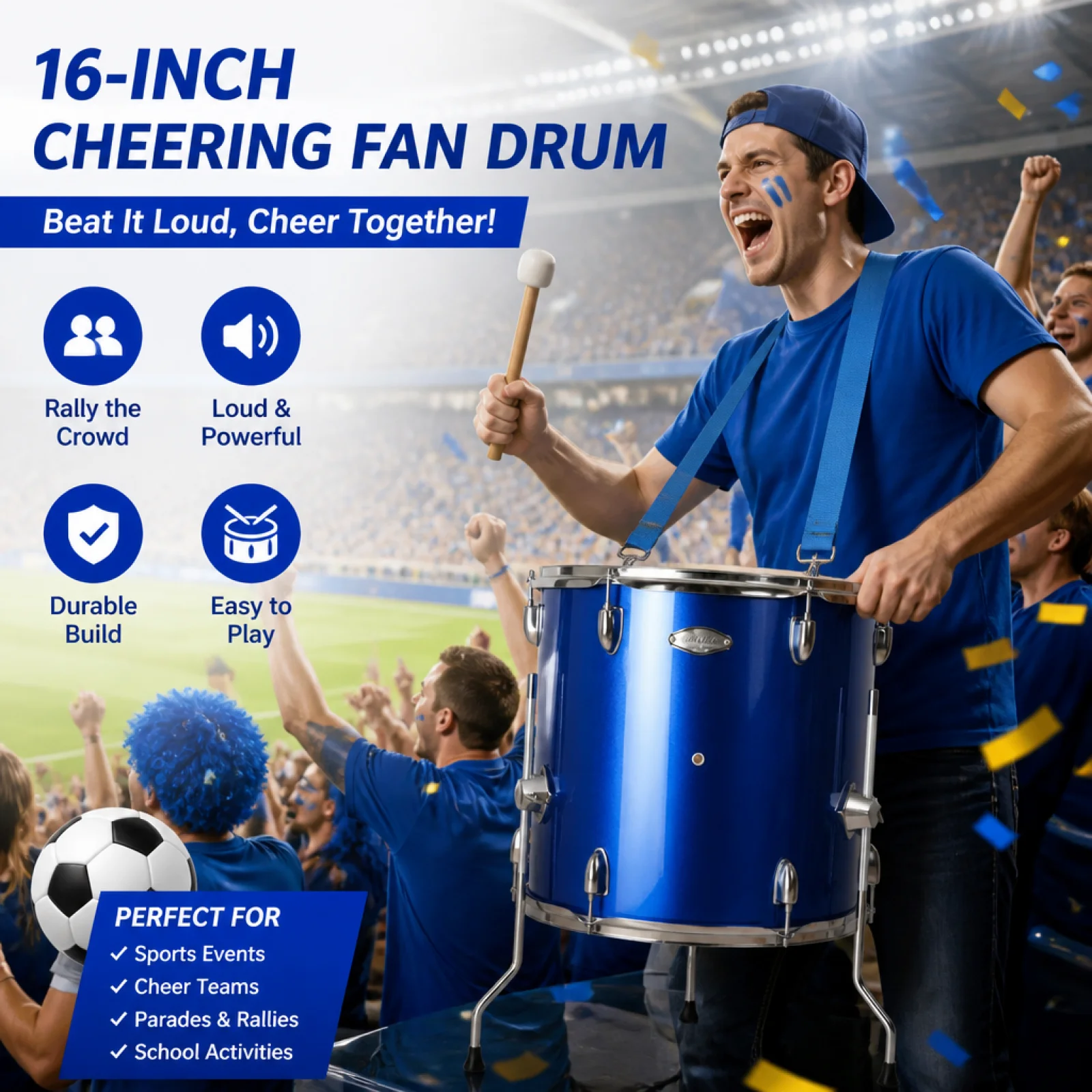Fan Drum Includes Mallets and Strap Cheer Team Drum 16 Inch Floor Tom for Sports Fans, Cheerleaders, Competitions, Processions