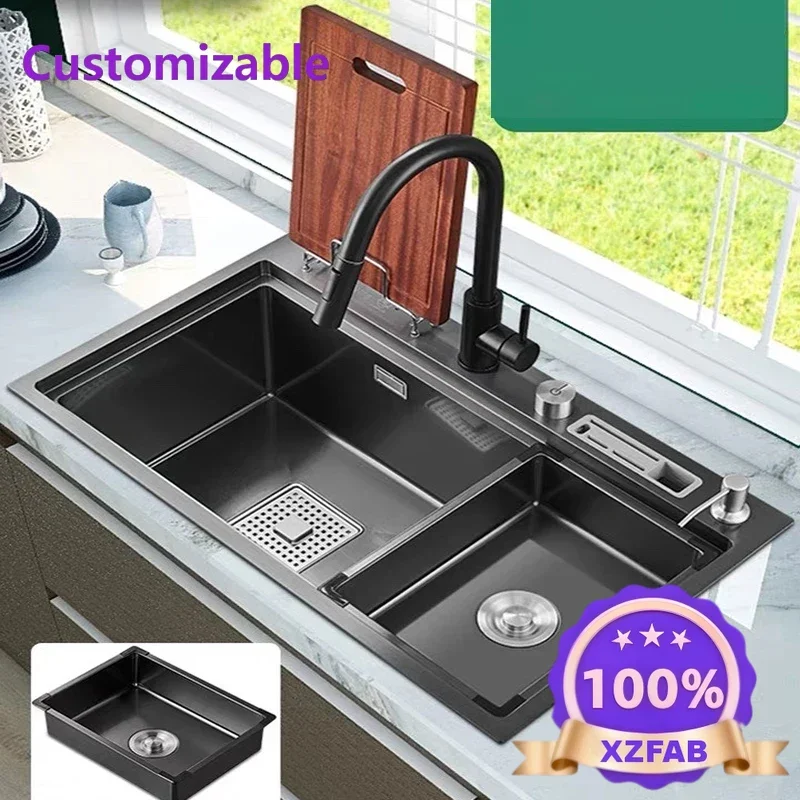 Factory Direct 2026 Executive Black Nano Water Tank Kitchen Sink With Knife Holder Vegetable Washing Basin With Cutting Board St