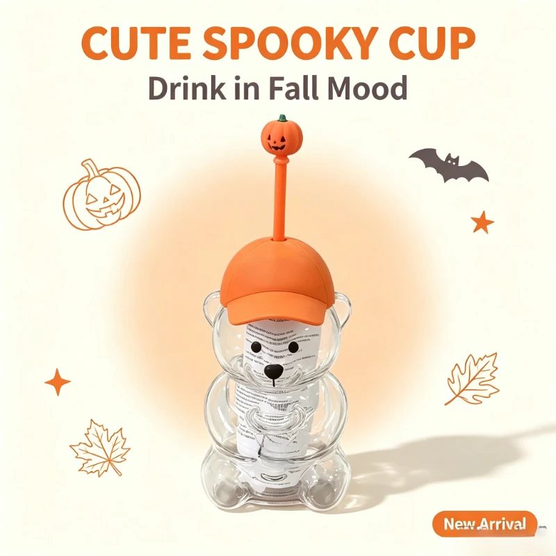 Halloween Gift High-Value Pumpkin Bear Cup Portable Transparent Glass Dust Cover Straw 48 Hour Shipping Time