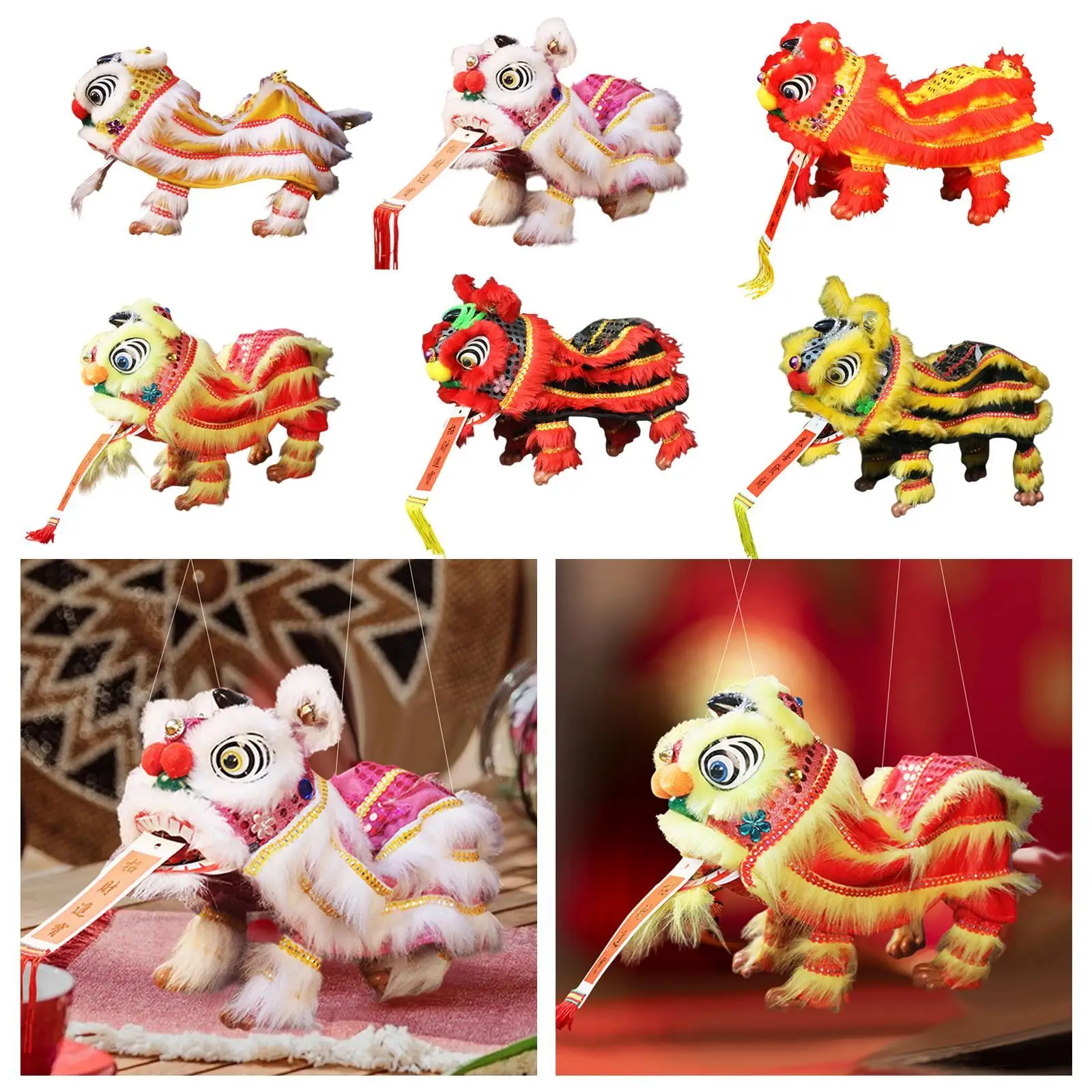 Fantoche de mão com cordas e haste decoração de ano novo chinês estatueta asiática fantoche chinês marionete leão brinquedo para festas