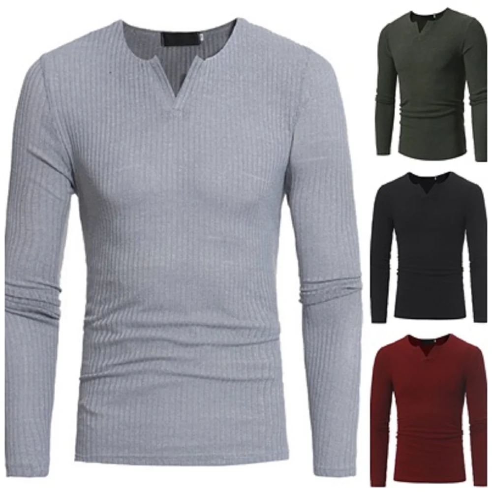 

Men's Knit Strip Men's Long Sleeve Vertical Strip V Collar T-Shirt Men Slim Fit Tops Tee New European size S-3XL