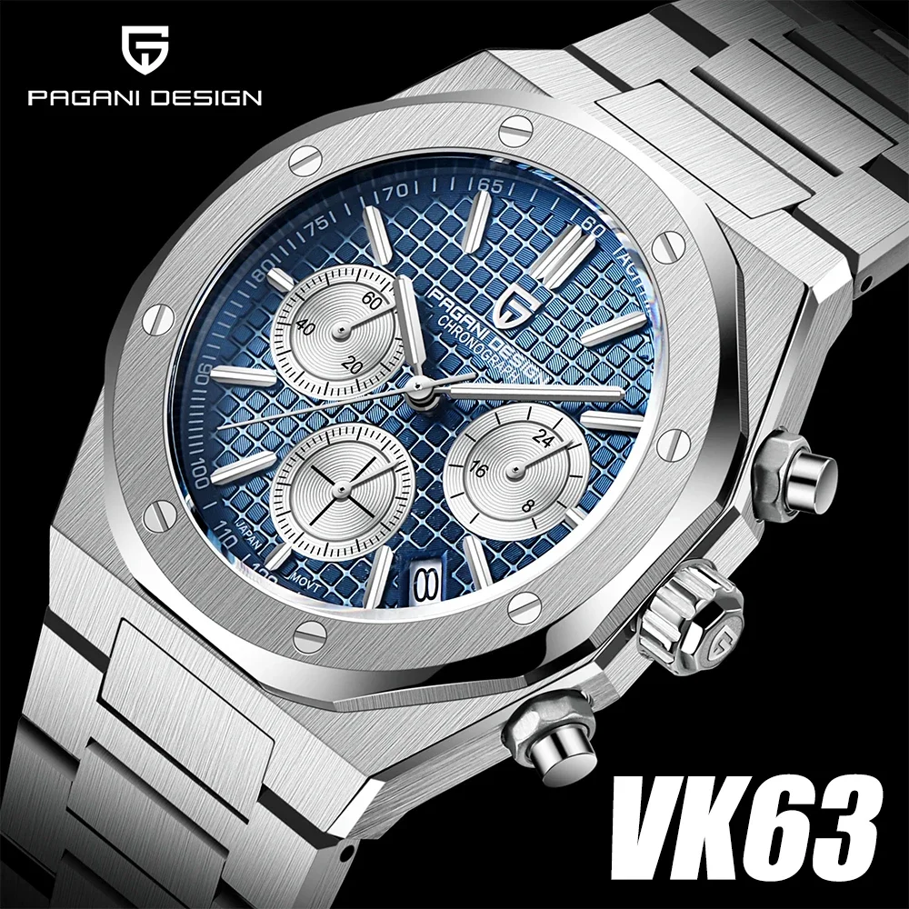 PAGANI DESIGN Luxury Sports Men\'s Quartz Watches PD1707 VK63 Stainless Steel Sapphire Waterproof Chronograph watches for men